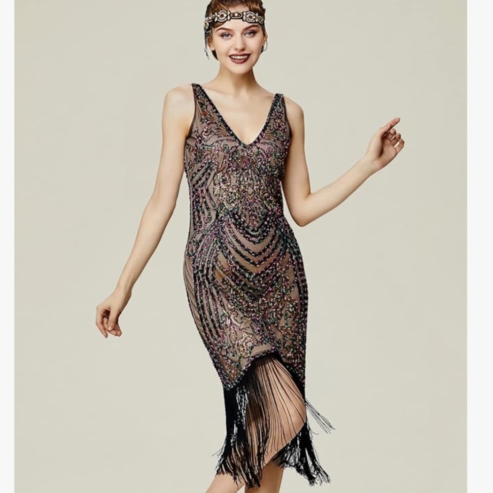Beaded fringe evening knee length dress size M